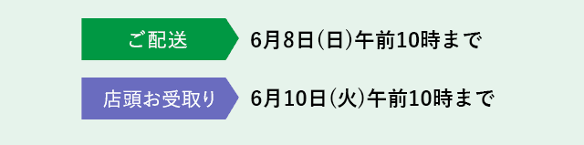 ご配送 6月8日(日)午前10時まで 店頭お受取り 6月10日(火)午前10時まで